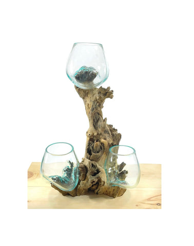 Molten Glass on Driftwood 3 Tier Glass Vase Bowls - Large Succulent Planter, Terrarium Unique Gift
