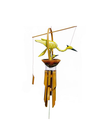 Yellow Bird with Babies Bamboo Wood Chime Handmade, Coconut 40" , Bobbing Head, Patio Mobile
