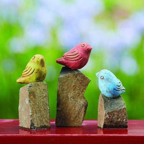 MINI BIRDS ON ROCKS STONE STATUES, ASSORTED COLORS - SET OF 3 - HAPPY GARDENS