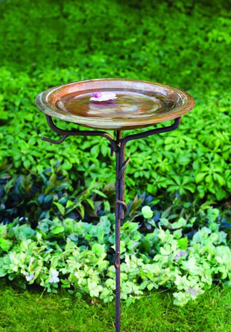 SOLID COPPER BIRD BATH WITH TWIG BASE, STAKED - HAPPY GARDENS