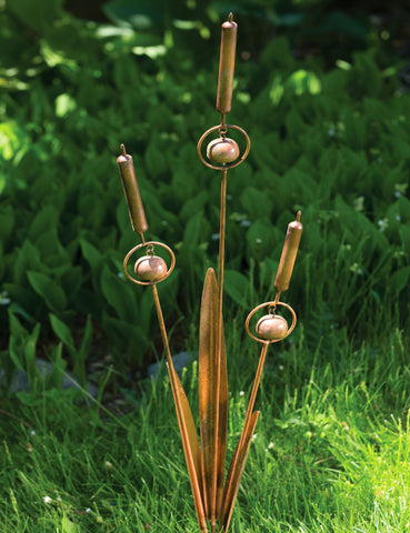 Triple Cattail With Bells Decorative Garden Stake